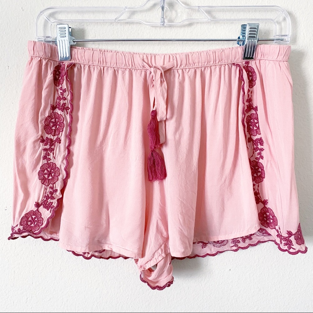 Pink Embroidered Ruffle Hem Shorts
